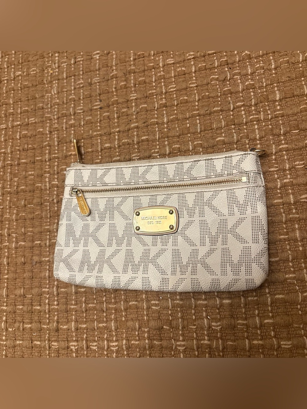 Michael Kors Cream Logo Wristlet Clutch with Gold Hardware